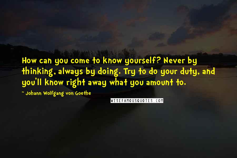 Johann Wolfgang Von Goethe Quotes: How can you come to know yourself? Never by thinking, always by doing. Try to do your duty, and you'll know right away what you amount to.