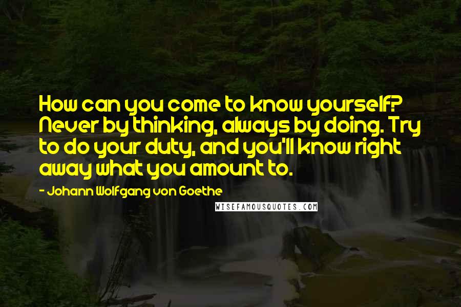 Johann Wolfgang Von Goethe Quotes: How can you come to know yourself? Never by thinking, always by doing. Try to do your duty, and you'll know right away what you amount to.