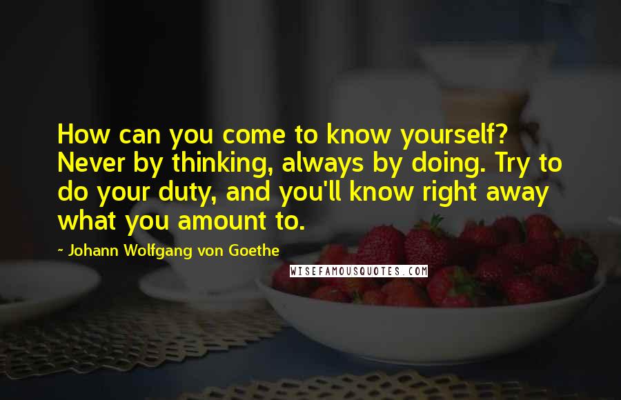 Johann Wolfgang Von Goethe Quotes: How can you come to know yourself? Never by thinking, always by doing. Try to do your duty, and you'll know right away what you amount to.