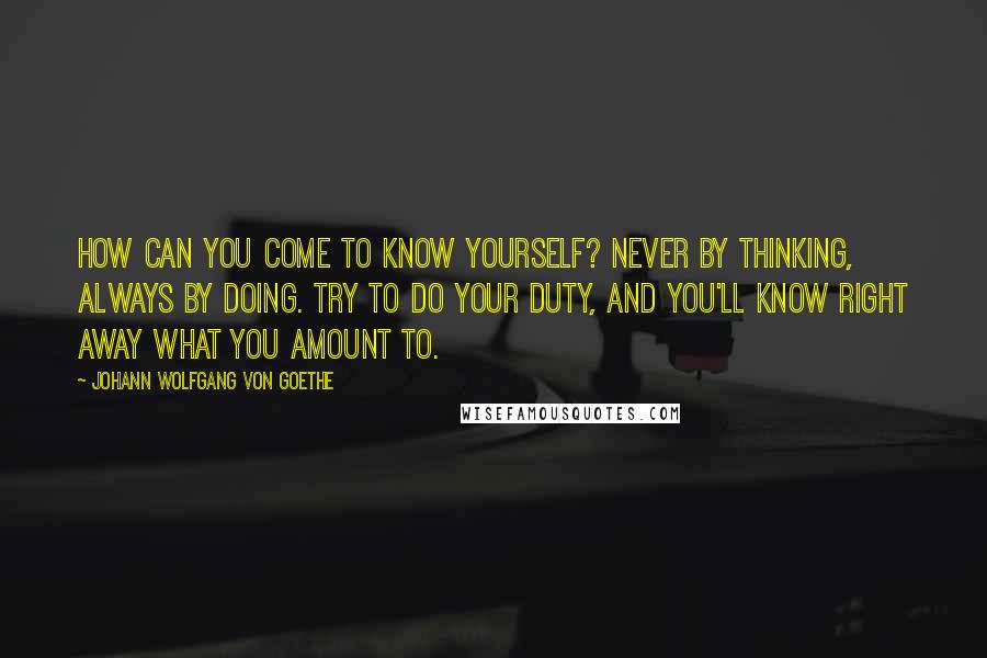 Johann Wolfgang Von Goethe Quotes: How can you come to know yourself? Never by thinking, always by doing. Try to do your duty, and you'll know right away what you amount to.