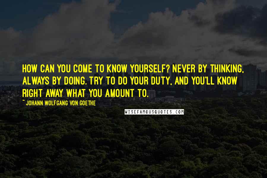 Johann Wolfgang Von Goethe Quotes: How can you come to know yourself? Never by thinking, always by doing. Try to do your duty, and you'll know right away what you amount to.