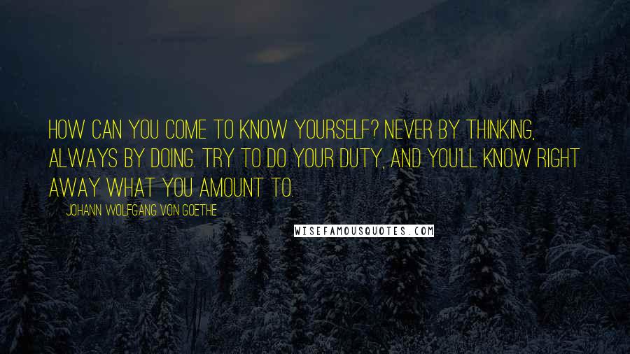 Johann Wolfgang Von Goethe Quotes: How can you come to know yourself? Never by thinking, always by doing. Try to do your duty, and you'll know right away what you amount to.