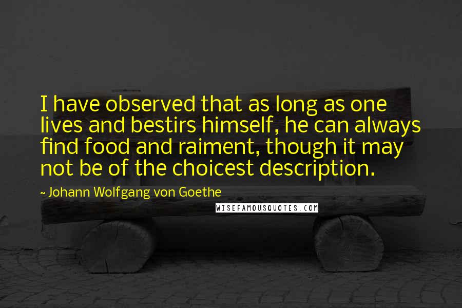 Johann Wolfgang Von Goethe Quotes: I have observed that as long as one lives and bestirs himself, he can always find food and raiment, though it may not be of the choicest description.