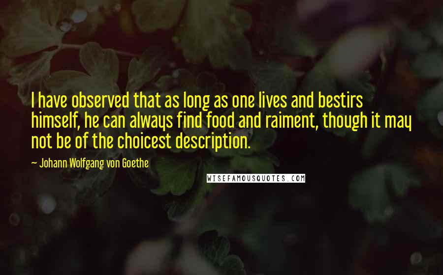 Johann Wolfgang Von Goethe Quotes: I have observed that as long as one lives and bestirs himself, he can always find food and raiment, though it may not be of the choicest description.