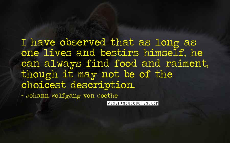 Johann Wolfgang Von Goethe Quotes: I have observed that as long as one lives and bestirs himself, he can always find food and raiment, though it may not be of the choicest description.