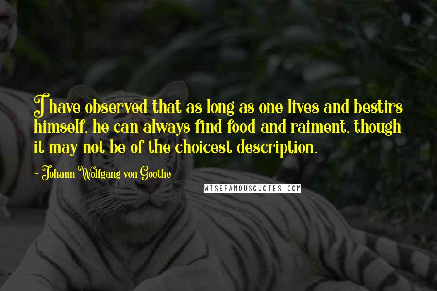 Johann Wolfgang Von Goethe Quotes: I have observed that as long as one lives and bestirs himself, he can always find food and raiment, though it may not be of the choicest description.
