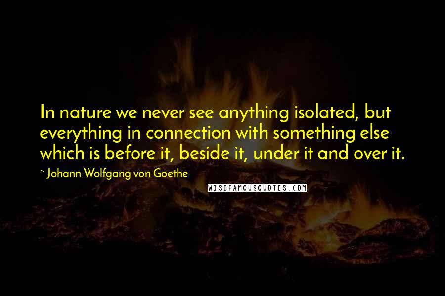 Johann Wolfgang Von Goethe Quotes: In nature we never see anything isolated, but everything in connection with something else which is before it, beside it, under it and over it.