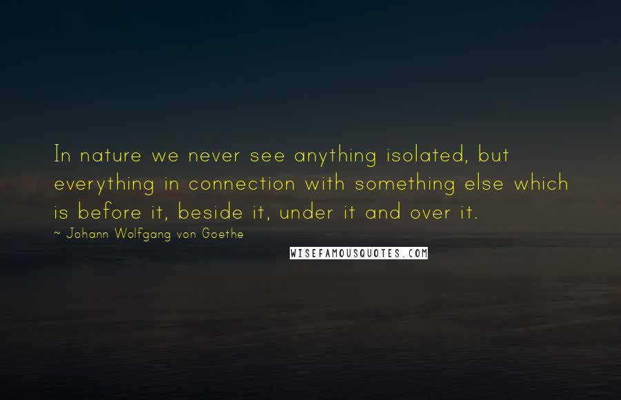 Johann Wolfgang Von Goethe Quotes: In nature we never see anything isolated, but everything in connection with something else which is before it, beside it, under it and over it.