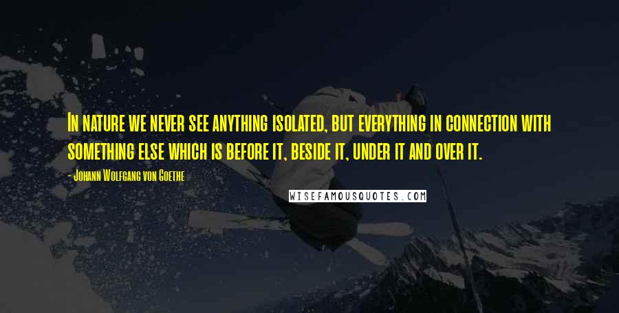 Johann Wolfgang Von Goethe Quotes: In nature we never see anything isolated, but everything in connection with something else which is before it, beside it, under it and over it.