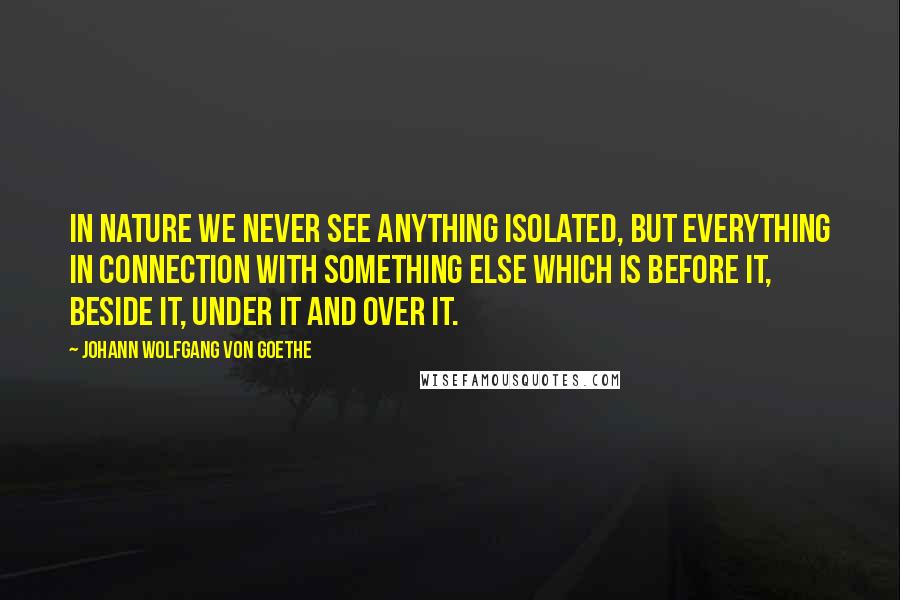 Johann Wolfgang Von Goethe Quotes: In nature we never see anything isolated, but everything in connection with something else which is before it, beside it, under it and over it.