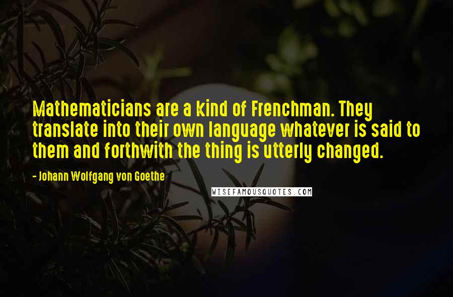Johann Wolfgang Von Goethe Quotes: Mathematicians are a kind of Frenchman. They translate into their own language whatever is said to them and forthwith the thing is utterly changed.