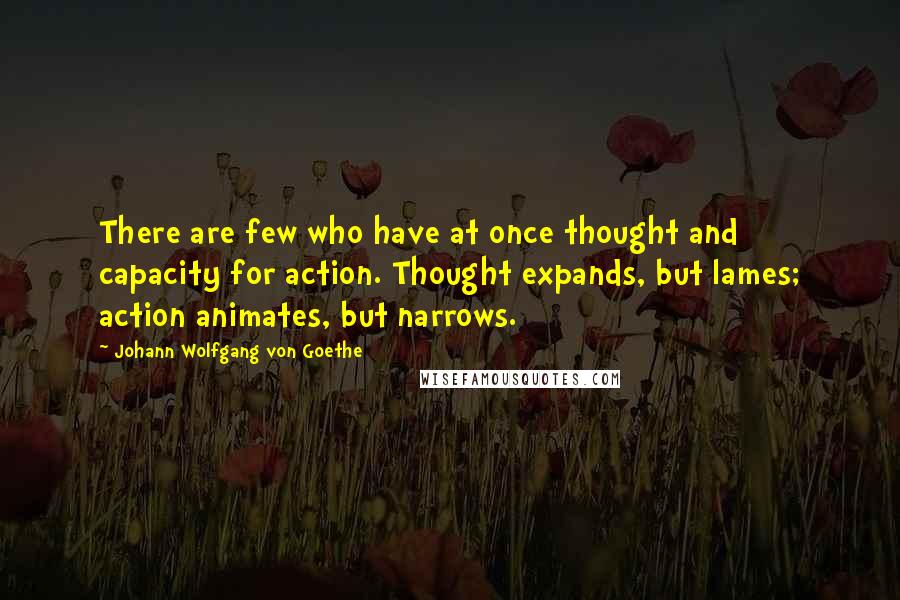 Johann Wolfgang Von Goethe Quotes: There are few who have at once thought and capacity for action. Thought expands, but lames; action animates, but narrows.