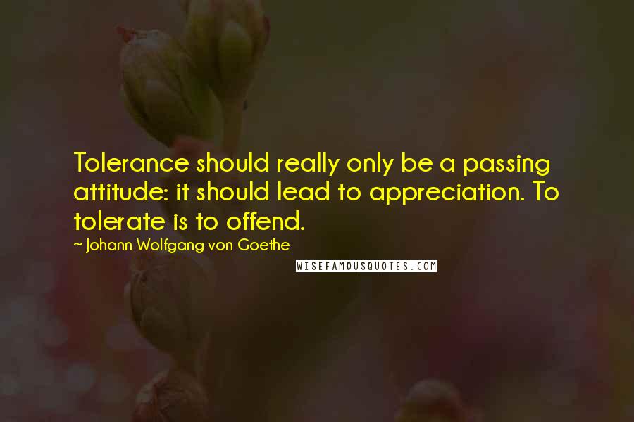 Johann Wolfgang Von Goethe Quotes: Tolerance should really only be a passing attitude: it should lead to appreciation. To tolerate is to offend.