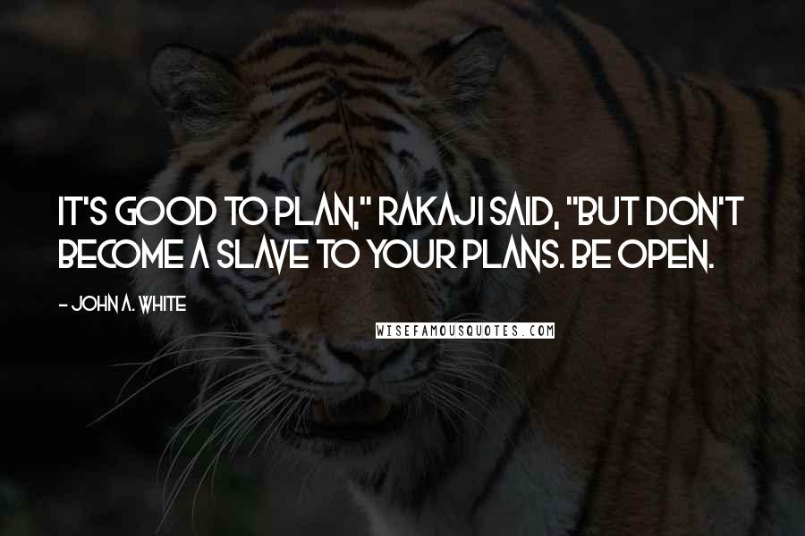 John A. White Quotes: It's good to plan," Rakaji said, "but don't become a slave to your plans. Be open.