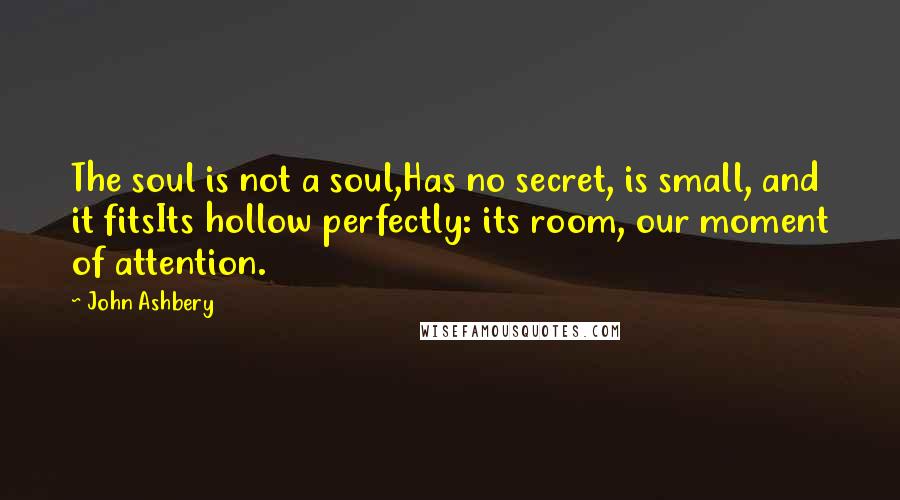 John Ashbery Quotes: The soul is not a soul,Has no secret, is small, and it fitsIts hollow perfectly: its room, our moment of attention.