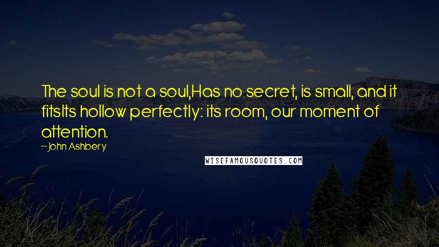 John Ashbery Quotes: The soul is not a soul,Has no secret, is small, and it fitsIts hollow perfectly: its room, our moment of attention.