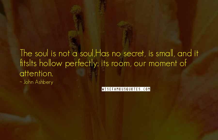 John Ashbery Quotes: The soul is not a soul,Has no secret, is small, and it fitsIts hollow perfectly: its room, our moment of attention.