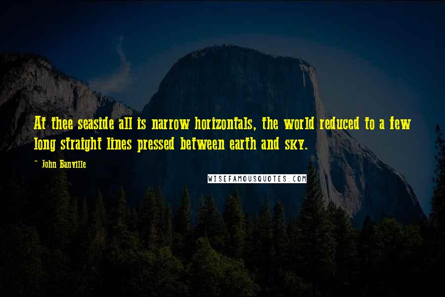 John Banville Quotes: At thee seaside all is narrow horizontals, the world reduced to a few long straight lines pressed between earth and sky.