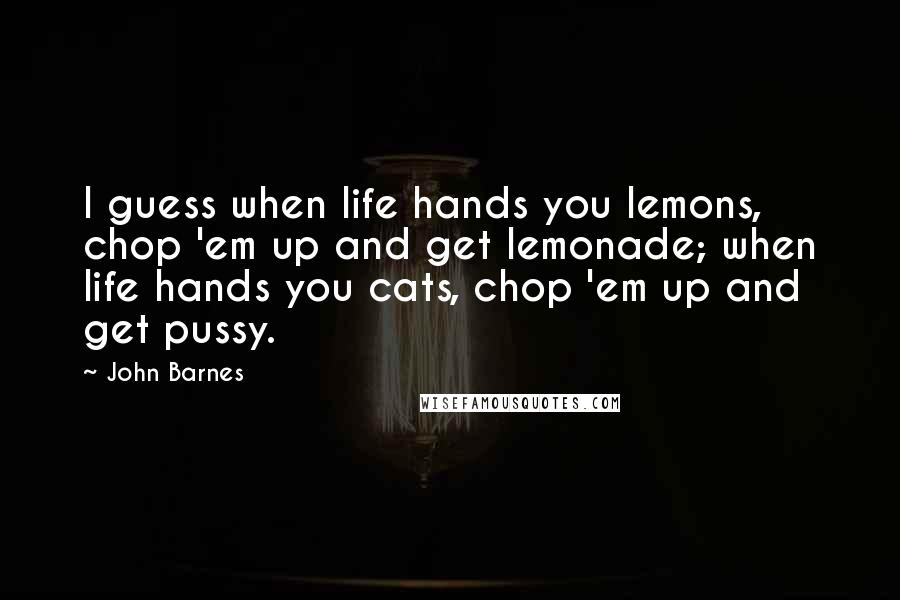 John Barnes Quotes: I guess when life hands you lemons, chop 'em up and get lemonade; when life hands you cats, chop 'em up and get pussy.