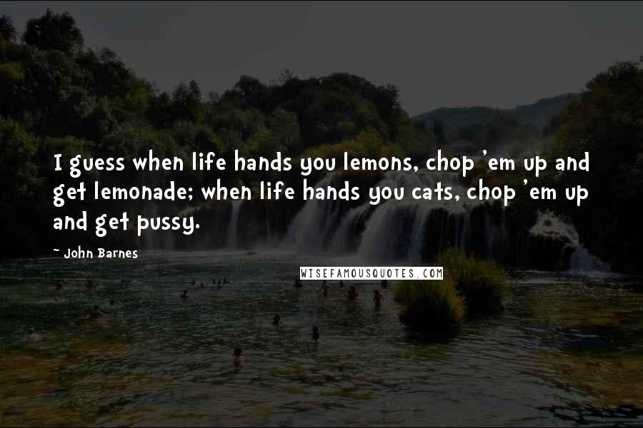 John Barnes Quotes: I guess when life hands you lemons, chop 'em up and get lemonade; when life hands you cats, chop 'em up and get pussy.