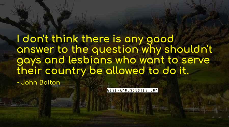 John Bolton Quotes: I don't think there is any good answer to the question why shouldn't gays and lesbians who want to serve their country be allowed to do it.