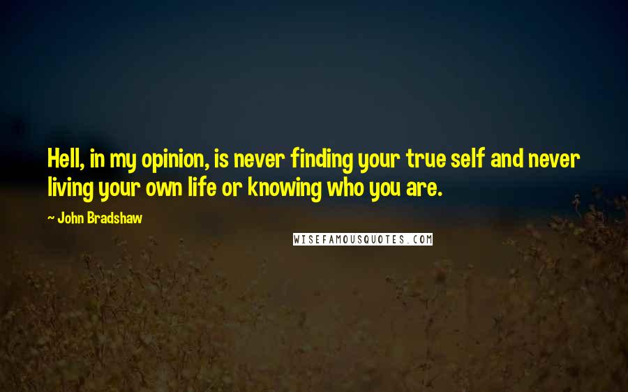 John Bradshaw Quotes: Hell, in my opinion, is never finding your true self and never living your own life or knowing who you are.