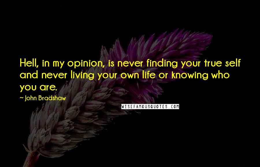 John Bradshaw Quotes: Hell, in my opinion, is never finding your true self and never living your own life or knowing who you are.