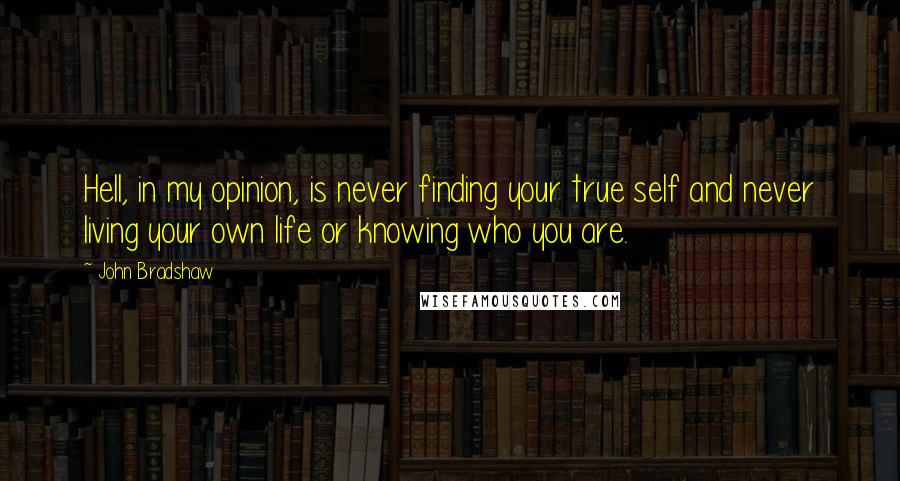 John Bradshaw Quotes: Hell, in my opinion, is never finding your true self and never living your own life or knowing who you are.