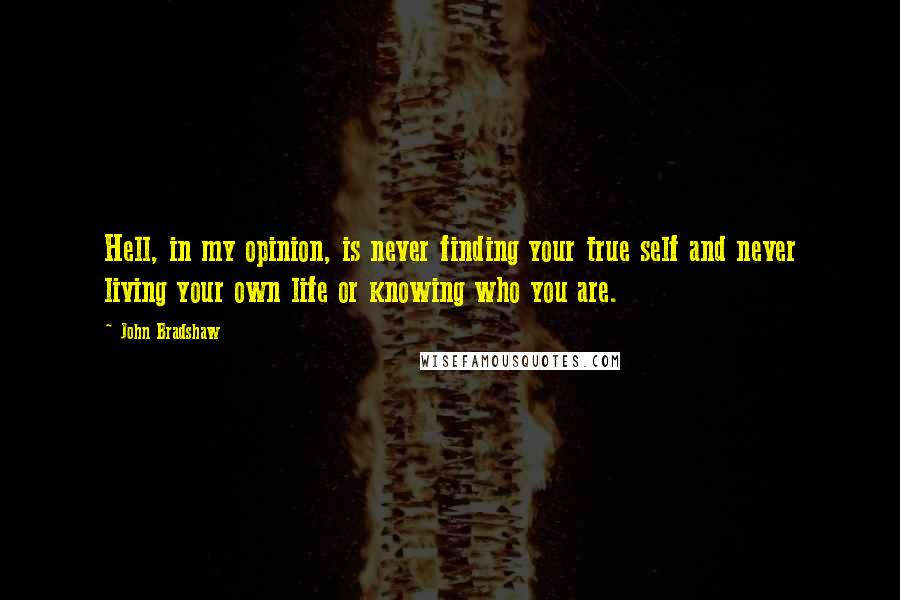 John Bradshaw Quotes: Hell, in my opinion, is never finding your true self and never living your own life or knowing who you are.