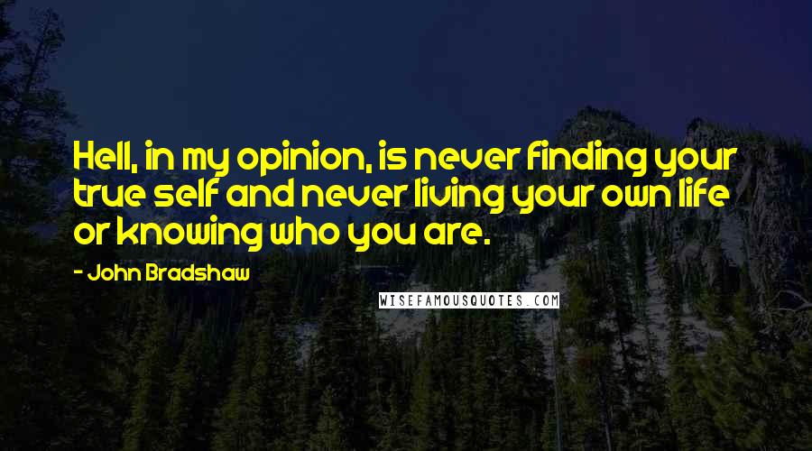 John Bradshaw Quotes: Hell, in my opinion, is never finding your true self and never living your own life or knowing who you are.