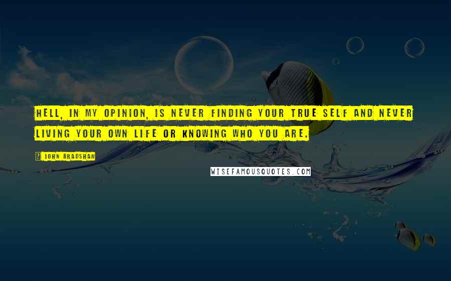 John Bradshaw Quotes: Hell, in my opinion, is never finding your true self and never living your own life or knowing who you are.