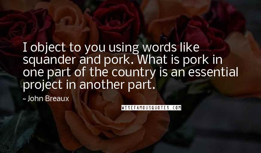 John Breaux Quotes: I object to you using words like squander and pork. What is pork in one part of the country is an essential project in another part.