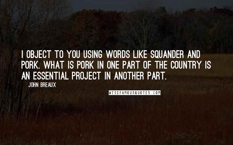 John Breaux Quotes: I object to you using words like squander and pork. What is pork in one part of the country is an essential project in another part.