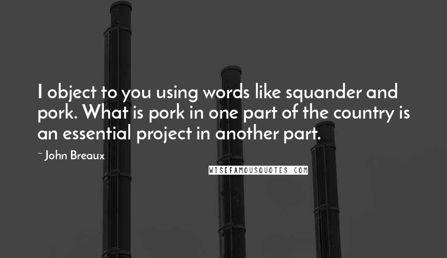 John Breaux Quotes: I object to you using words like squander and pork. What is pork in one part of the country is an essential project in another part.