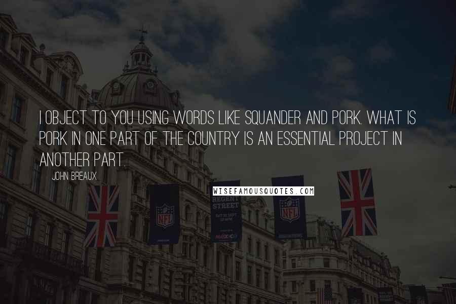 John Breaux Quotes: I object to you using words like squander and pork. What is pork in one part of the country is an essential project in another part.