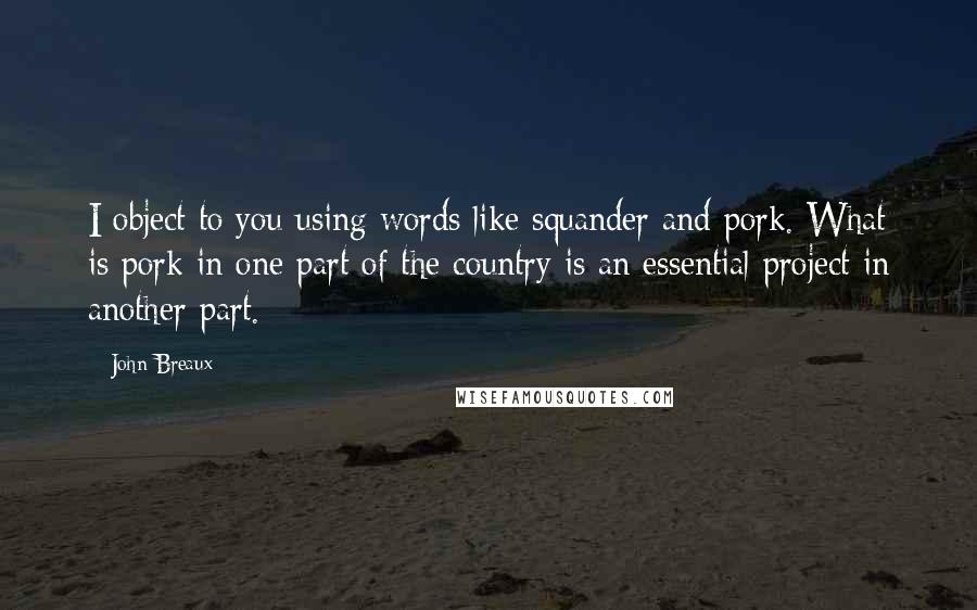 John Breaux Quotes: I object to you using words like squander and pork. What is pork in one part of the country is an essential project in another part.