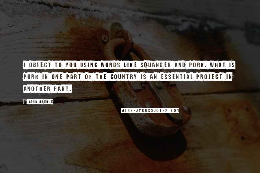 John Breaux Quotes: I object to you using words like squander and pork. What is pork in one part of the country is an essential project in another part.