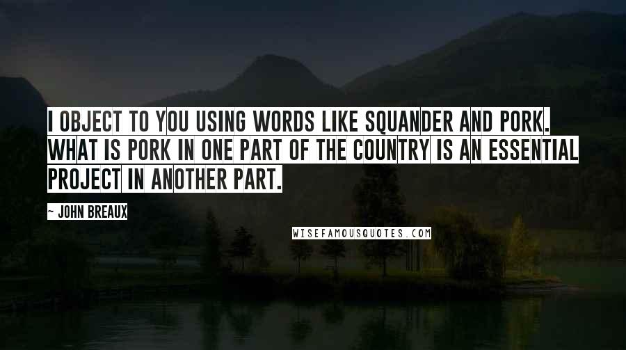 John Breaux Quotes: I object to you using words like squander and pork. What is pork in one part of the country is an essential project in another part.