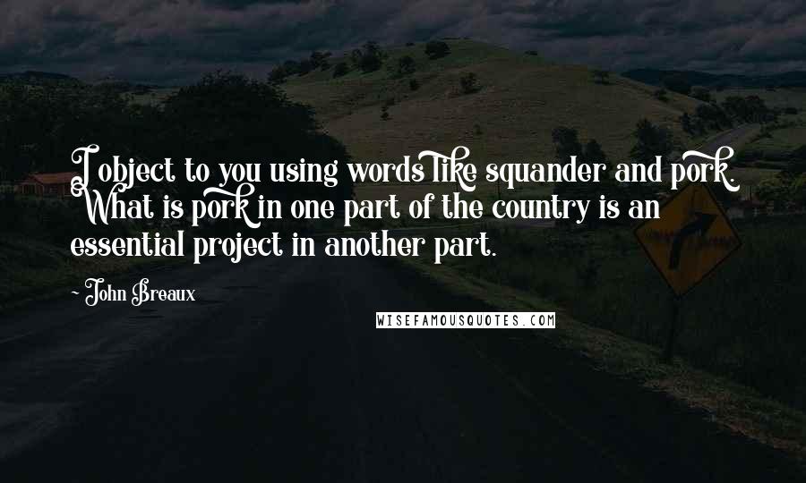 John Breaux Quotes: I object to you using words like squander and pork. What is pork in one part of the country is an essential project in another part.