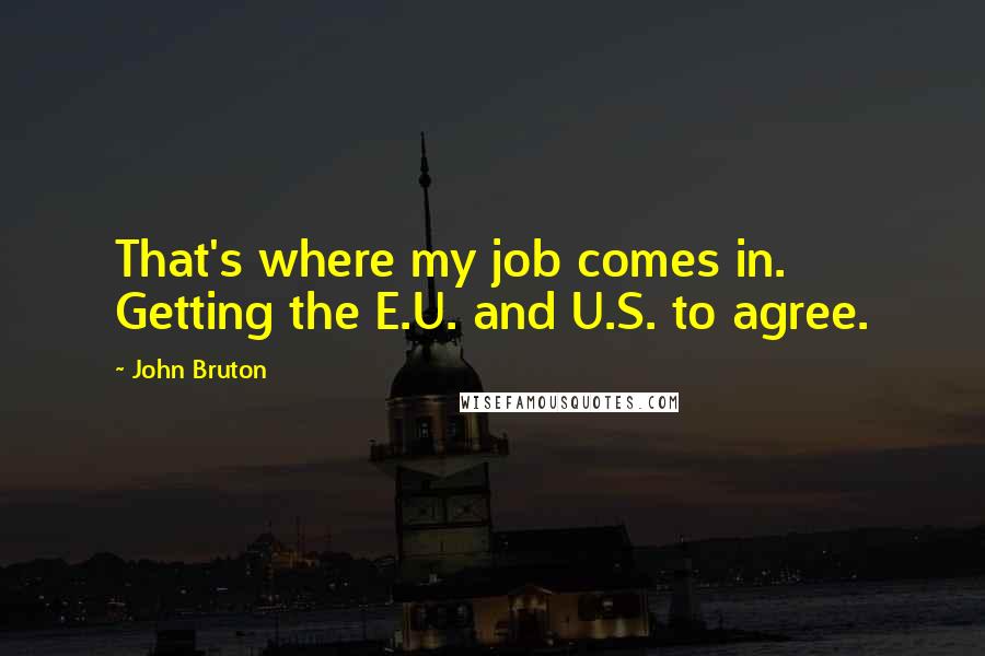 John Bruton Quotes: That's where my job comes in. Getting the E.U. and U.S. to agree.