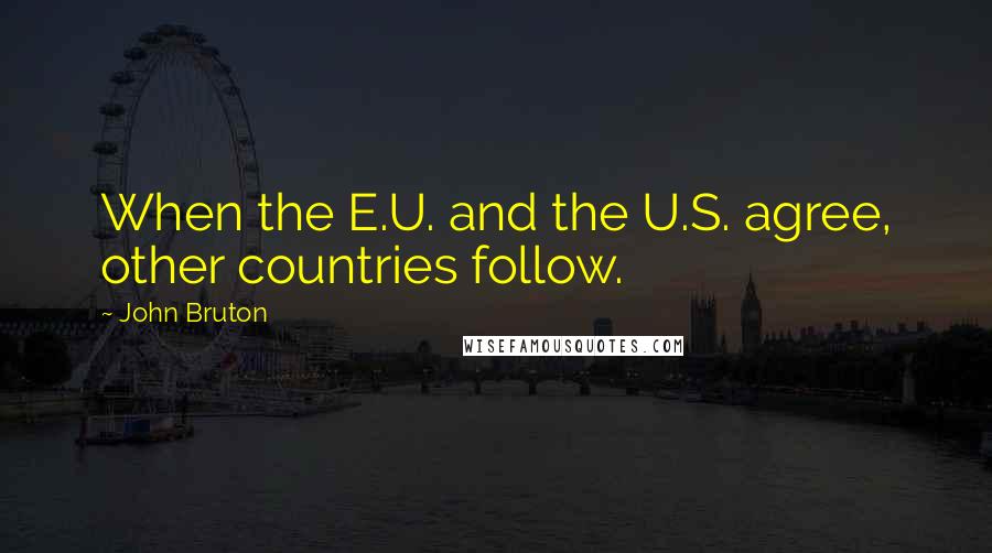 John Bruton Quotes: When the E.U. and the U.S. agree, other countries follow.