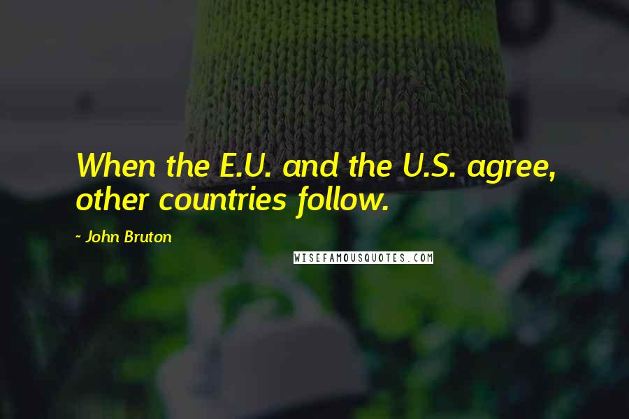 John Bruton Quotes: When the E.U. and the U.S. agree, other countries follow.