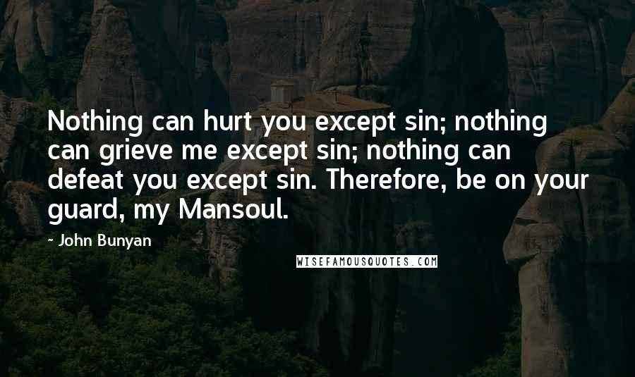 John Bunyan Quotes: Nothing can hurt you except sin; nothing can grieve me except sin; nothing can defeat you except sin. Therefore, be on your guard, my Mansoul.