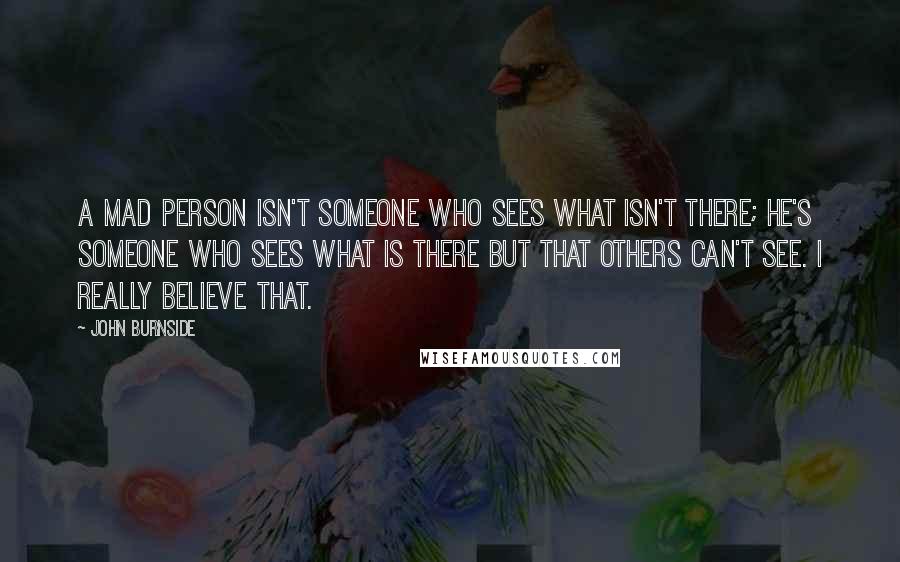 John Burnside Quotes: A mad person isn't someone who sees what isn't there; he's someone who sees what is there but that others can't see. I really believe that.