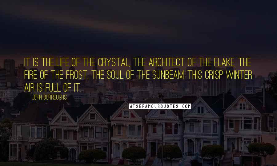 John Burroughs Quotes: It is the life of the crystal, the architect of the flake, the fire of the frost, the soul of the sunbeam. This crisp winter air is full of it.