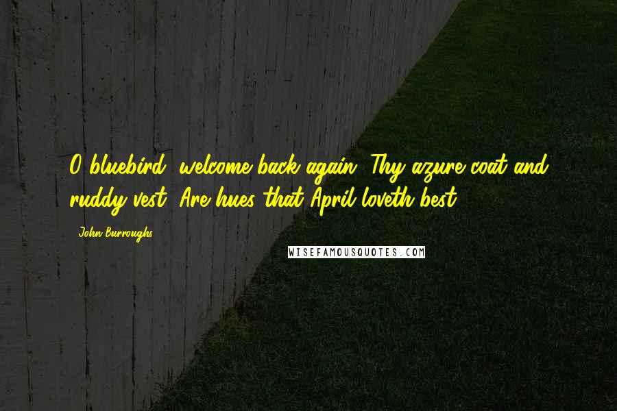 John Burroughs Quotes: O bluebird, welcome back again, Thy azure coat and ruddy vest, Are hues that April loveth best ...