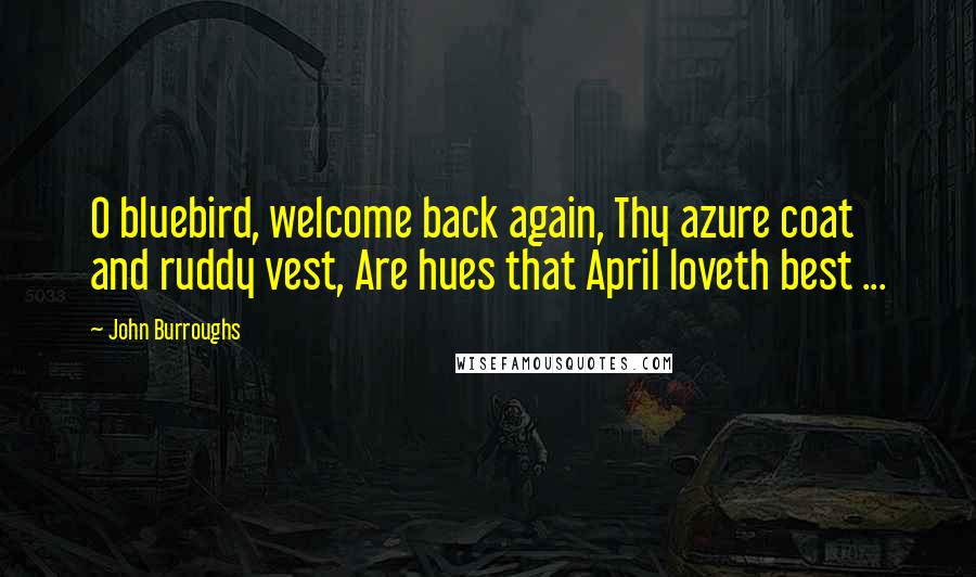John Burroughs Quotes: O bluebird, welcome back again, Thy azure coat and ruddy vest, Are hues that April loveth best ...