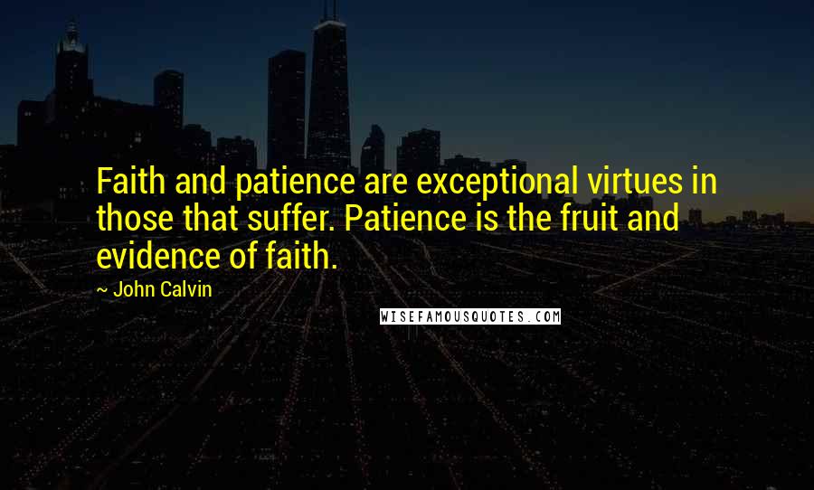 John Calvin Quotes: Faith and patience are exceptional virtues in those that suffer. Patience is the fruit and evidence of faith.