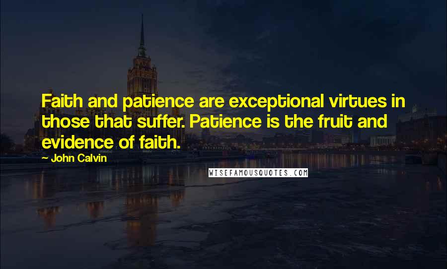 John Calvin Quotes: Faith and patience are exceptional virtues in those that suffer. Patience is the fruit and evidence of faith.