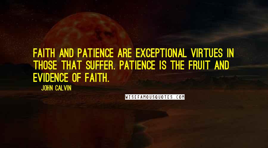 John Calvin Quotes: Faith and patience are exceptional virtues in those that suffer. Patience is the fruit and evidence of faith.